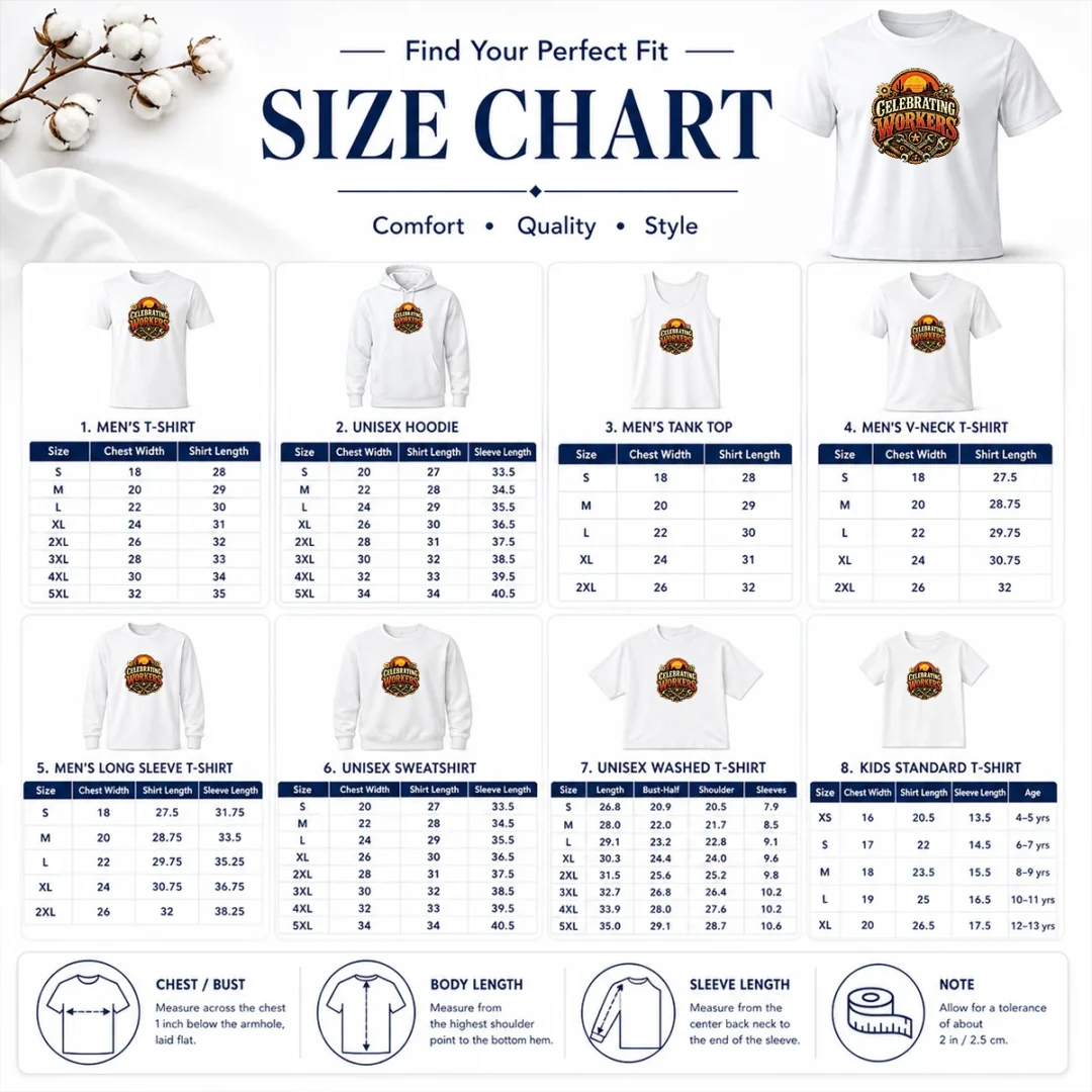 Premium Celebrating Workers Labour Day Western Vintage Size Chart Size chart for Premium Celebrating Workers Labour Day Western Vintage showing measurements in inches and cm