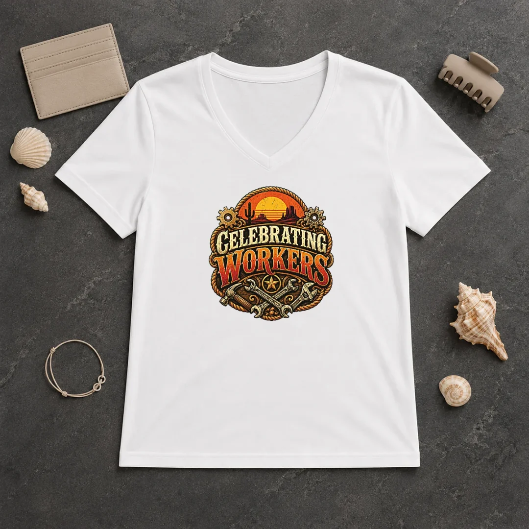 Premium Celebrating Workers Labour Day Western Vintage V Neck Shirt Premium Celebrating Workers Labour Day Western Vintage V Neck Shirt showing front view with vintage style graphic