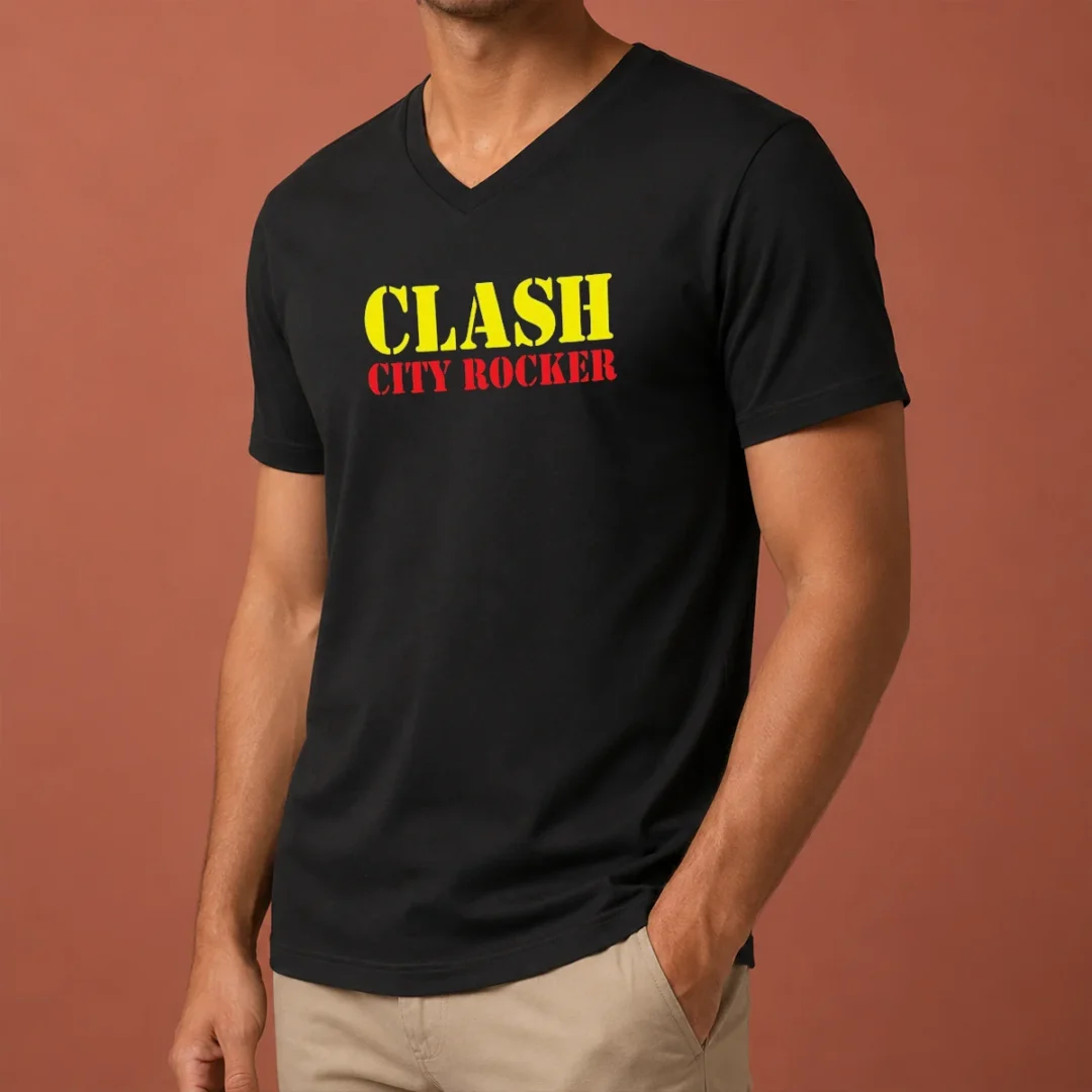 premium-clash-city-rocker-v-neck-shirt Premium Clash City Rocker V Neck Shirt in charcoal gray showing front design and short sleeves