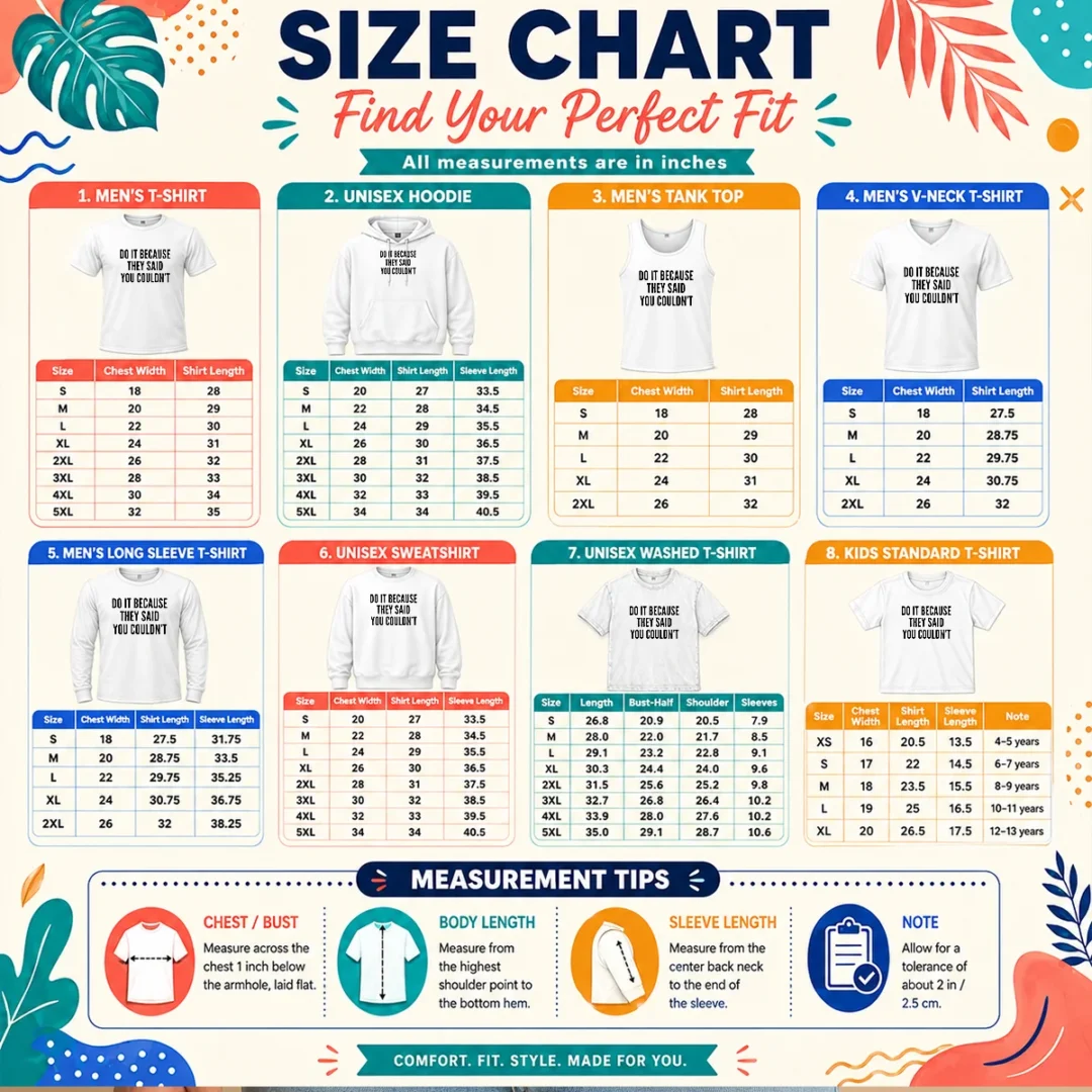 premium-drake-do-it-because-they-said-you-couldn-t-size-chart Size chart for Premium Drake Do It Because They Said You Couldn'T with measurements in inches and cm