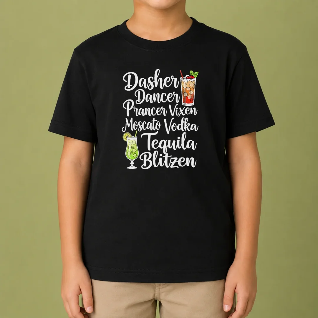 premium-drinks-cocktail-glass-dasher-dancer-prancer-vixen-moscato-vodka-tequila-blitzen-kids-t-shirt Premium Drinks Cocktail Glass Dasher Dancer Prancer Vixen Moscato Vodka Tequila Blitzen Kids T Shirt featuring colorful holiday-themed cocktail names