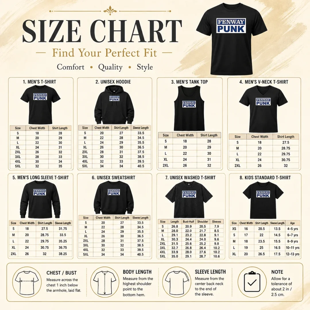 Premium Fenway Park Boston Red Sox Fenway Punk Size Chart Size chart for Premium Fenway Park Boston Red Sox Fenway Punk with measurements in inches and cm
