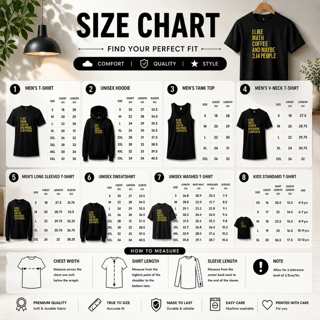 premium-funny-i-like-math-coffee-and-maybe-314-people-size-chart Size chart for Premium Funny I Like Math Coffee And Maybe 314 People with measurements in inches and cm