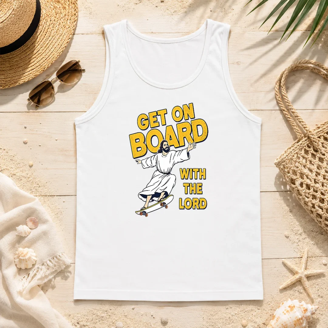 Premium Get On Board With The Lord Skateboarding Tank Top Premium Get On Board With The Lord Skateboarding Tank Top in black, sleeveless casual wear for skateboarding enthusiasts
