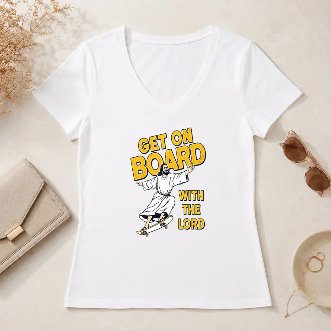 Premium Get On Board With The Lord Skateboarding V Neck Shirt Premium Get On Board With The Lord Skateboarding V-Neck Shirt
