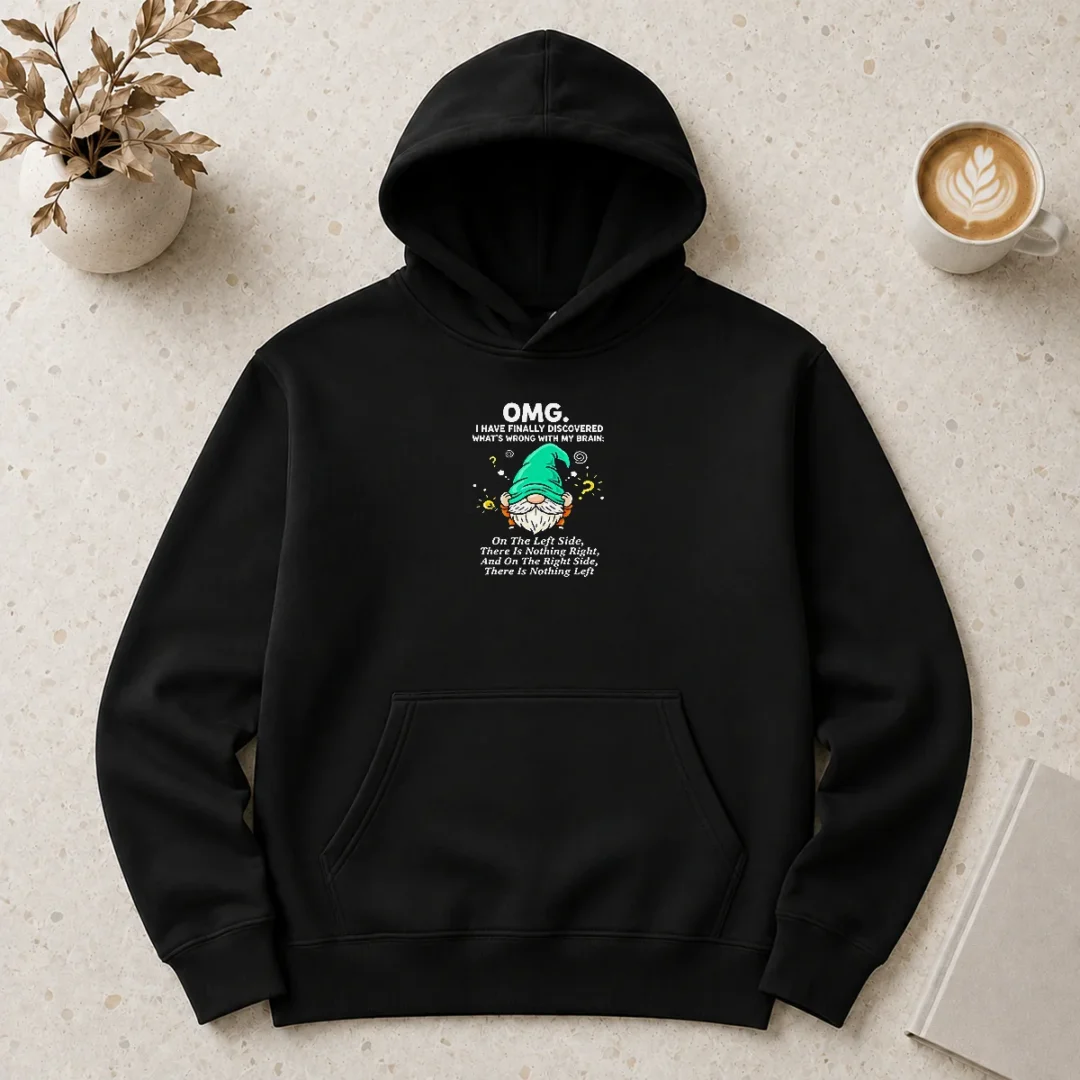 premium-gnome-brain-discovery-cartoon-hoodie Premium Gnome Brain Discovery Cartoon Hoodie in charcoal gray with front graphic print and adjustable drawstring hood