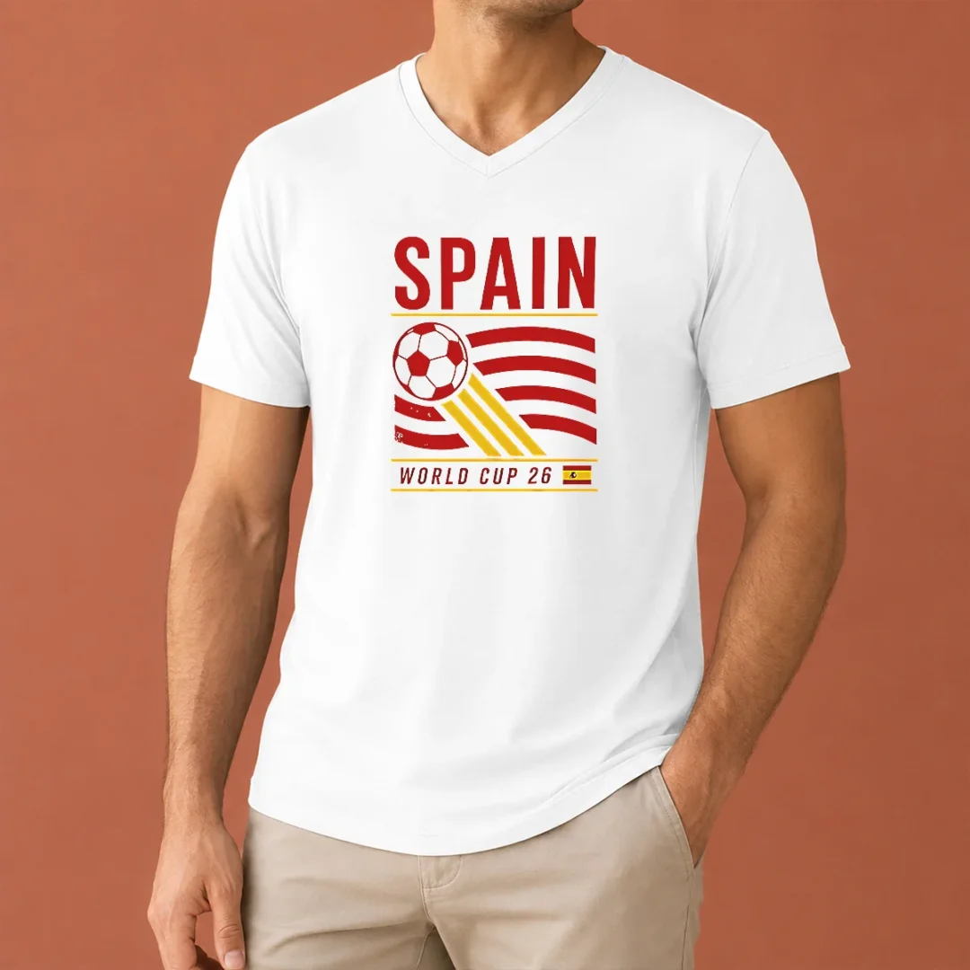 premium-good-spain-national-football-team-world-cup-26-soccer-team-v-neck-shirt Premium Good Spain National Football Team World Cup 26 Soccer Team V Neck Shirt in red with team logo