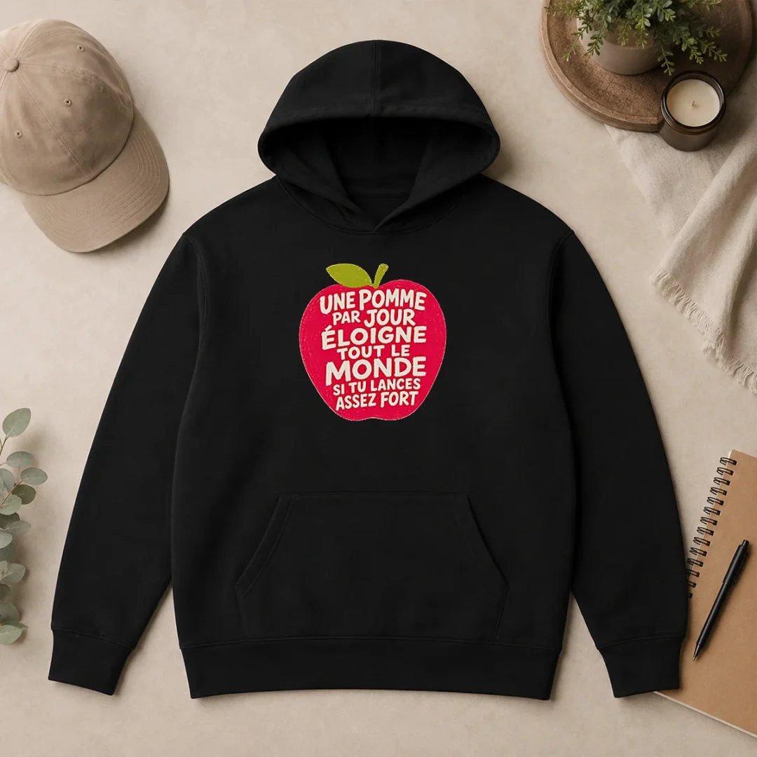 Premium Good Une Pomme Par Jour Eloigne Tout Le Monde Si Tu Lances Assez Fort Humor Hoodie Premium Good Une Pomme Par Jour Eloigne Tout Le Monde Si Tu Lances Assez Fort Humor Hoodie in black, front view with drawstring hood and kangaroo pocket