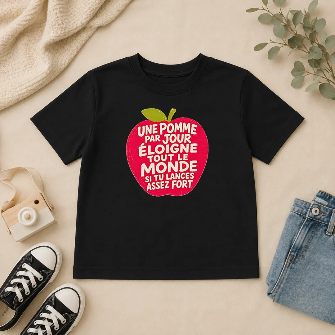 Premium Good Une Pomme Par Jour Eloigne Tout Le Monde Si Tu Lances Assez Fort Humor Kids T Shirt Premium Good Une Pomme Par Jour Eloigne Tout Le Monde Si Tu Lances Assez Fort Humor kids t shirt in vibrant colors, front view