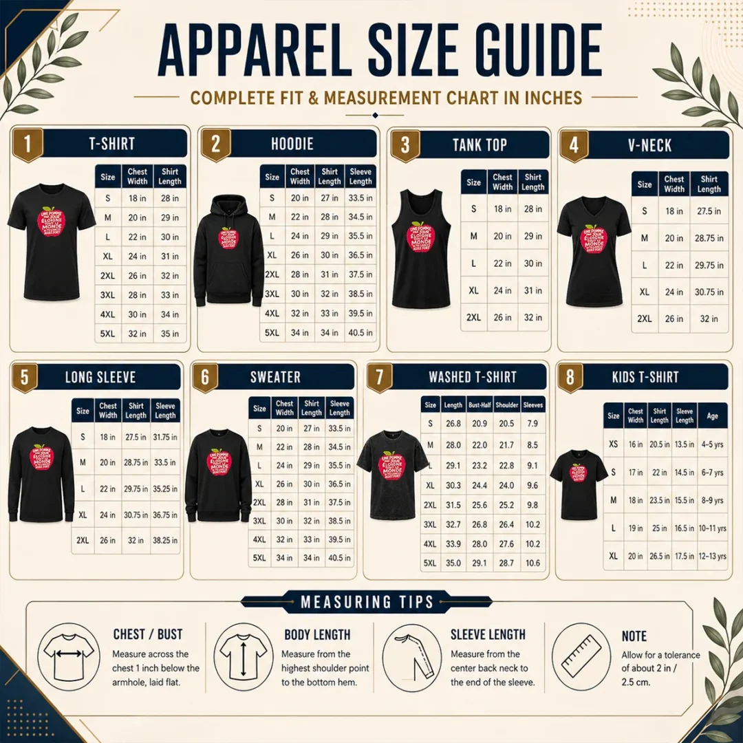 Premium Good Une Pomme Par Jour Eloigne Tout Le Monde Si Tu Lances Assez Fort Humor Size Chart Size chart for Premium Good Une Pomme Par Jour Eloigne Tout Le Monde Si Tu Lances Assez Fort Humor showing measurements in inches and cm