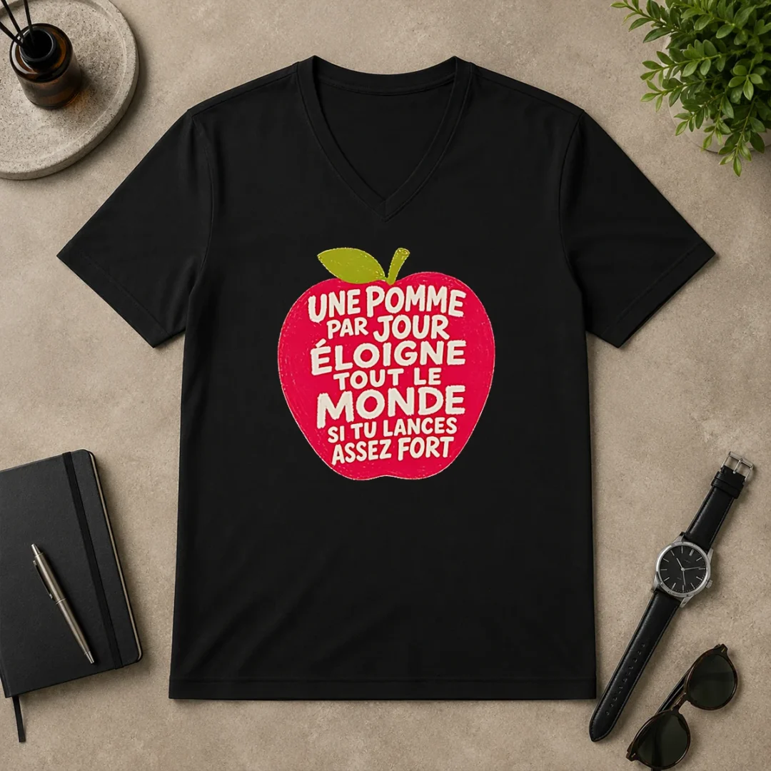 Premium Good Une Pomme Par Jour Eloigne Tout Le Monde Si Tu Lances Assez Fort Humor V Neck Shirt Premium Good Une Pomme Par Jour Eloigne Tout Le Monde Si Tu Lances Assez Fort Humor V-Neck Shirt