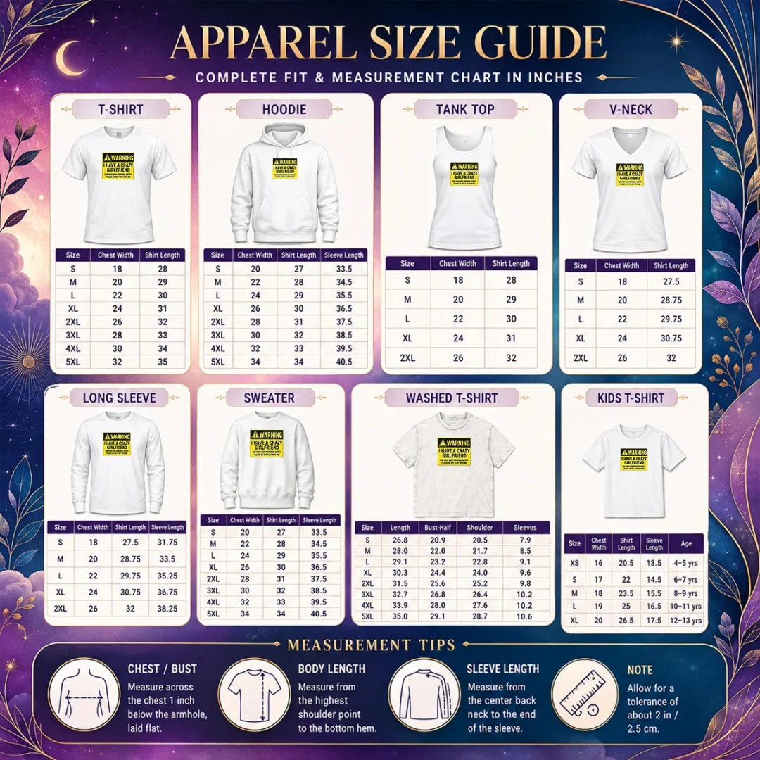 premium-good-warning-i-have-a-crazy-girlfriend-for-your-own-personal-safety-please-do-not-flirt-with-me-0-size Size chart for Premium Good Warning I Have A Crazy Girlfriend shirt showing measurements in inches and centimeters