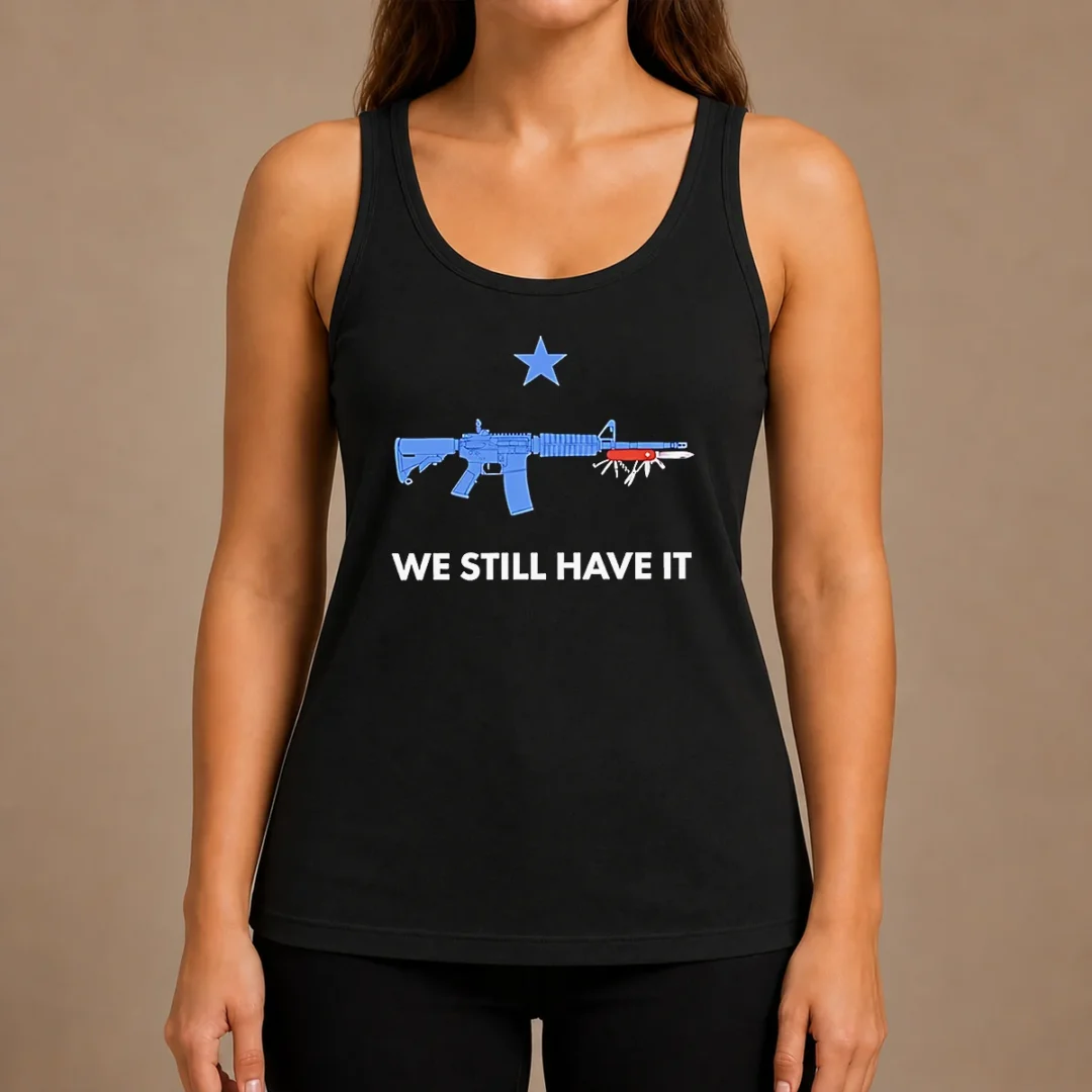 premium-good-we-still-have-it-rifle-and-swiss-army-knife-one-blue-star-tank-top Premium Good We Still Have It Rifle And Swiss Army Knife One Blue Star Tank Top in blue, sleeveless casual wear with patriotic graphic
