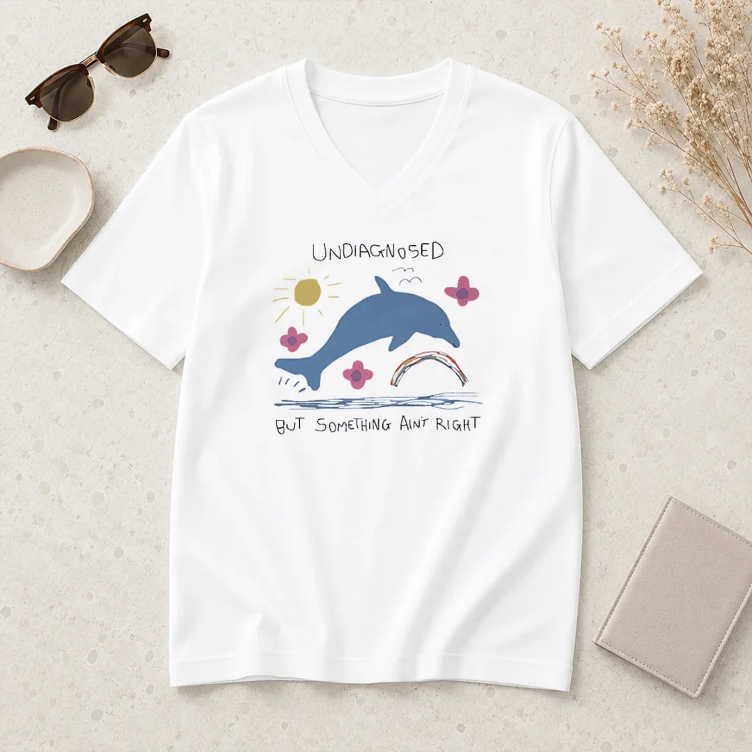 premium-happy-dolphin-jumping-undiagnosed-but-something-ain-t-right-v-neck-shirt Premium Happy Dolphin Jumping Undiagnosed But Something Ain't Right V Neck Shirt in soft fabric with relaxed fit