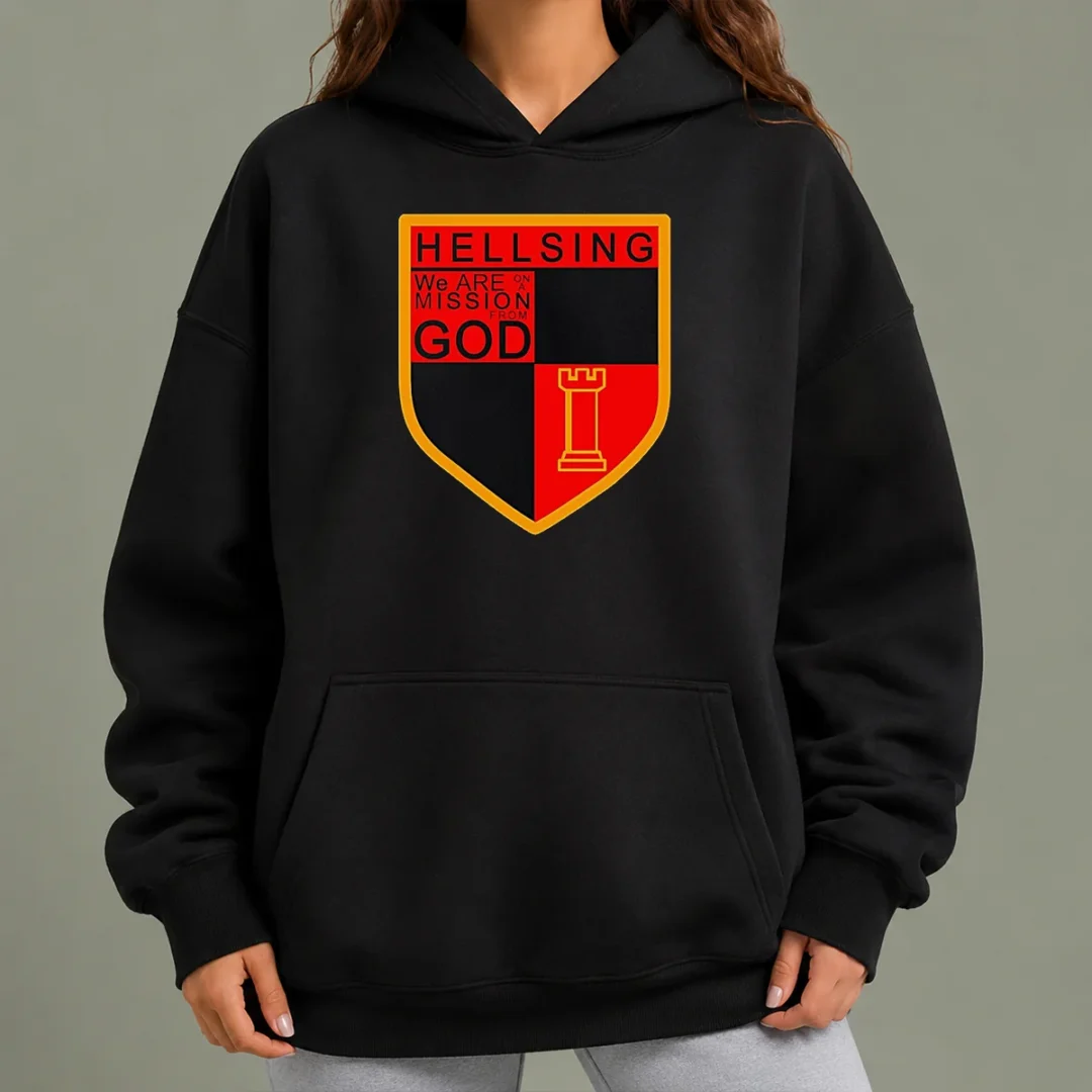 premium-hellsing-we-are-on-a-mission-from-god-shield-emblem-hoodie Premium Hellsing We Are On A Mission From God Shield Emblem Hoodie in black with front emblem print