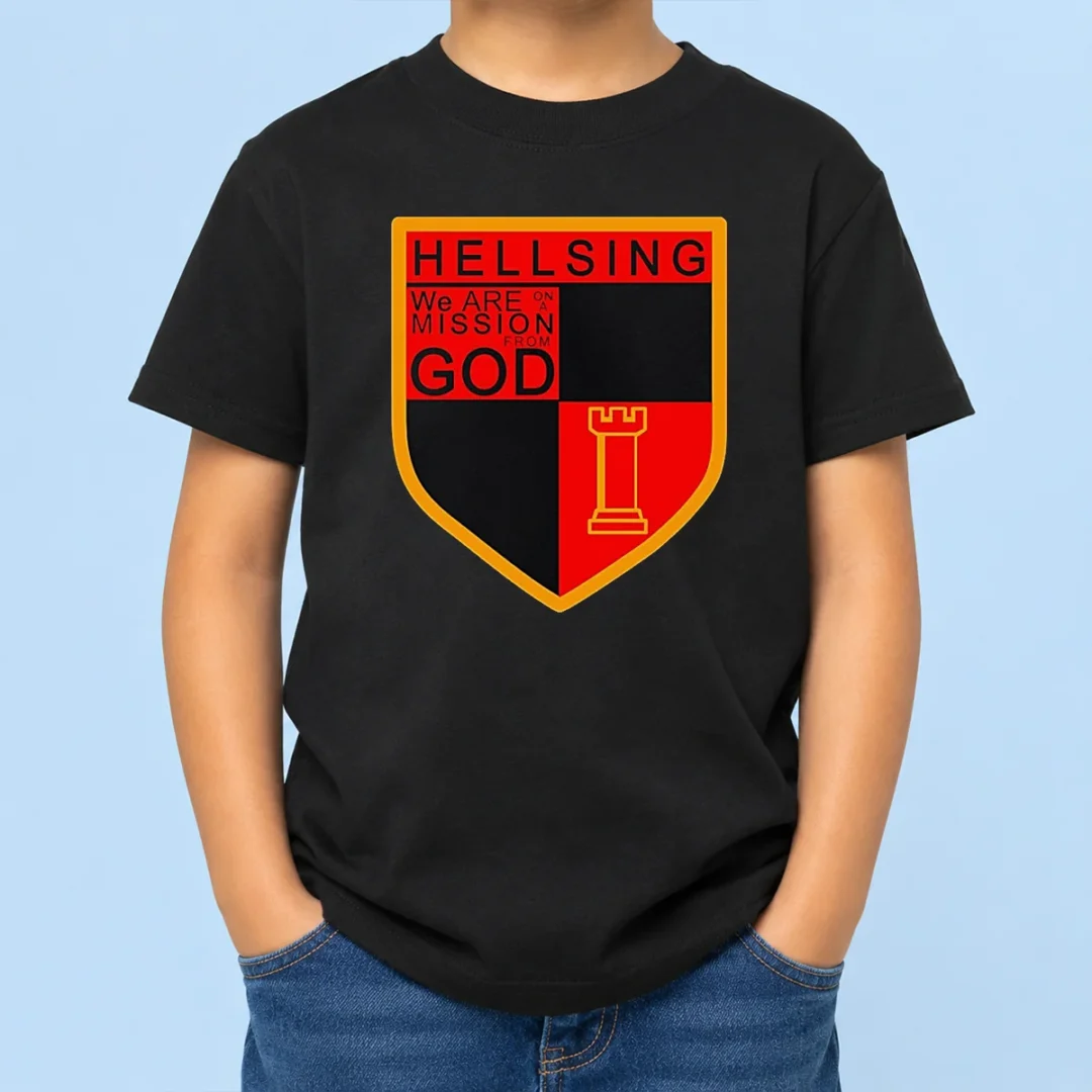 premium-hellsing-we-are-on-a-mission-from-god-shield-emblem-kids-t-shirt Premium Hellsing We Are On A Mission From God Shield Emblem Kids T Shirt in black cotton fabric with bold graphic print