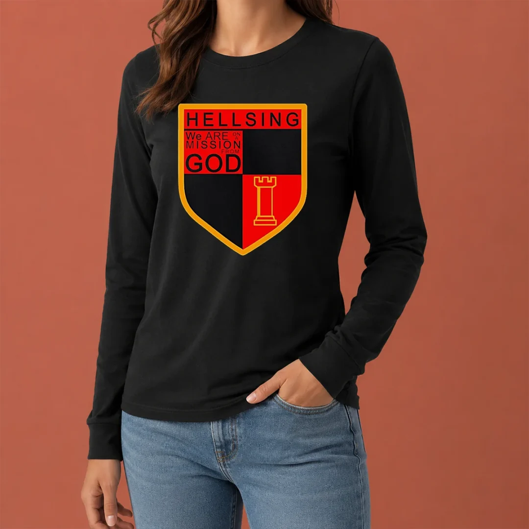 premium-hellsing-we-are-on-a-mission-from-god-shield-emblem-long-sleeve Premium Hellsing We Are On A Mission From God Shield Emblem long sleeve shirt in black with bold emblem on chest