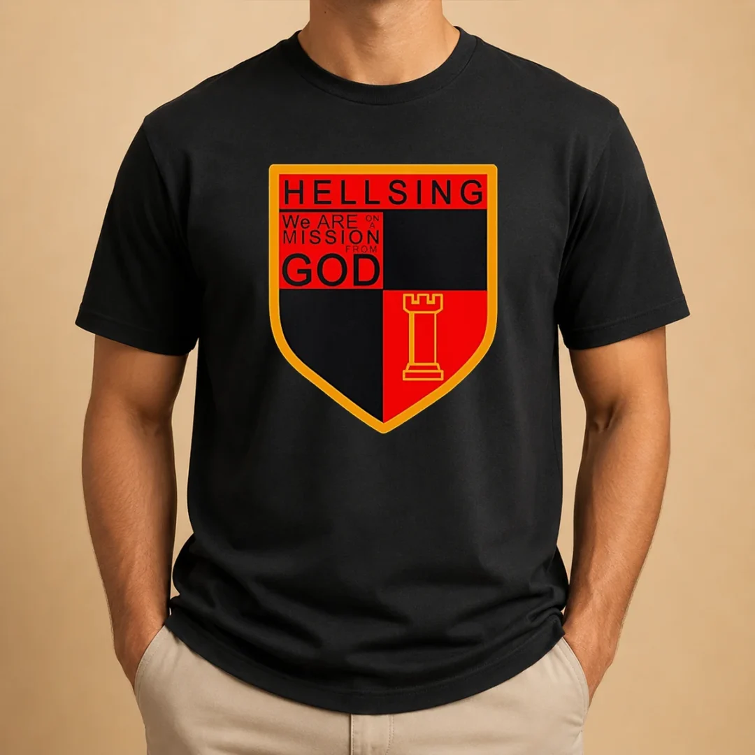 premium-hellsing-we-are-on-a-mission-from-god-shield-emblem-t-shirt-1 Premium Hellsing We Are On A Mission From God Shield Emblem t shirt featuring bold graphic print on a classic crew neck