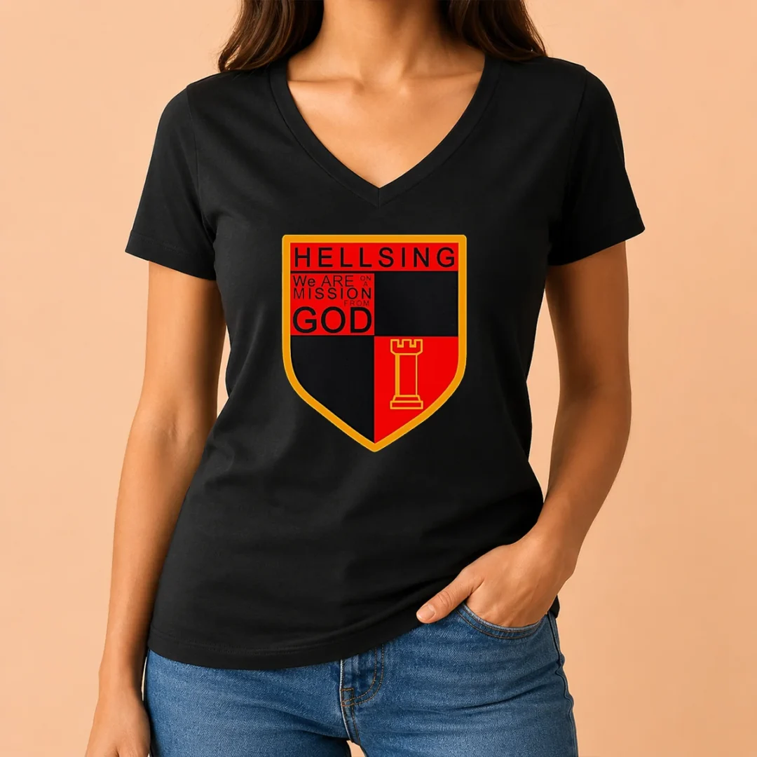 premium-hellsing-we-are-on-a-mission-from-god-shield-emblem-v-neck-shirt Premium Hellsing We Are On A Mission From God Shield Emblem V-Neck Shirt