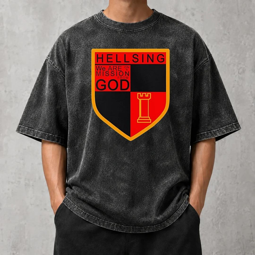 premium-hellsing-we-are-on-a-mission-from-god-shield-emblem-washed-t-shirt Premium Hellsing We Are On A Mission From God Shield Emblem washed t shirt in faded black