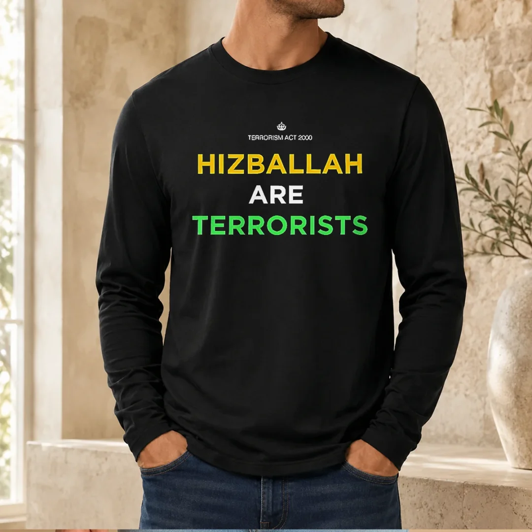 premium-hizballah-are-terrorists-terrorism-act-2000-long-sleeve-shirt Premium Hizballah Are Terrorists Terrorism Act 2000 long sleeve shirt in black, front view with clear text design