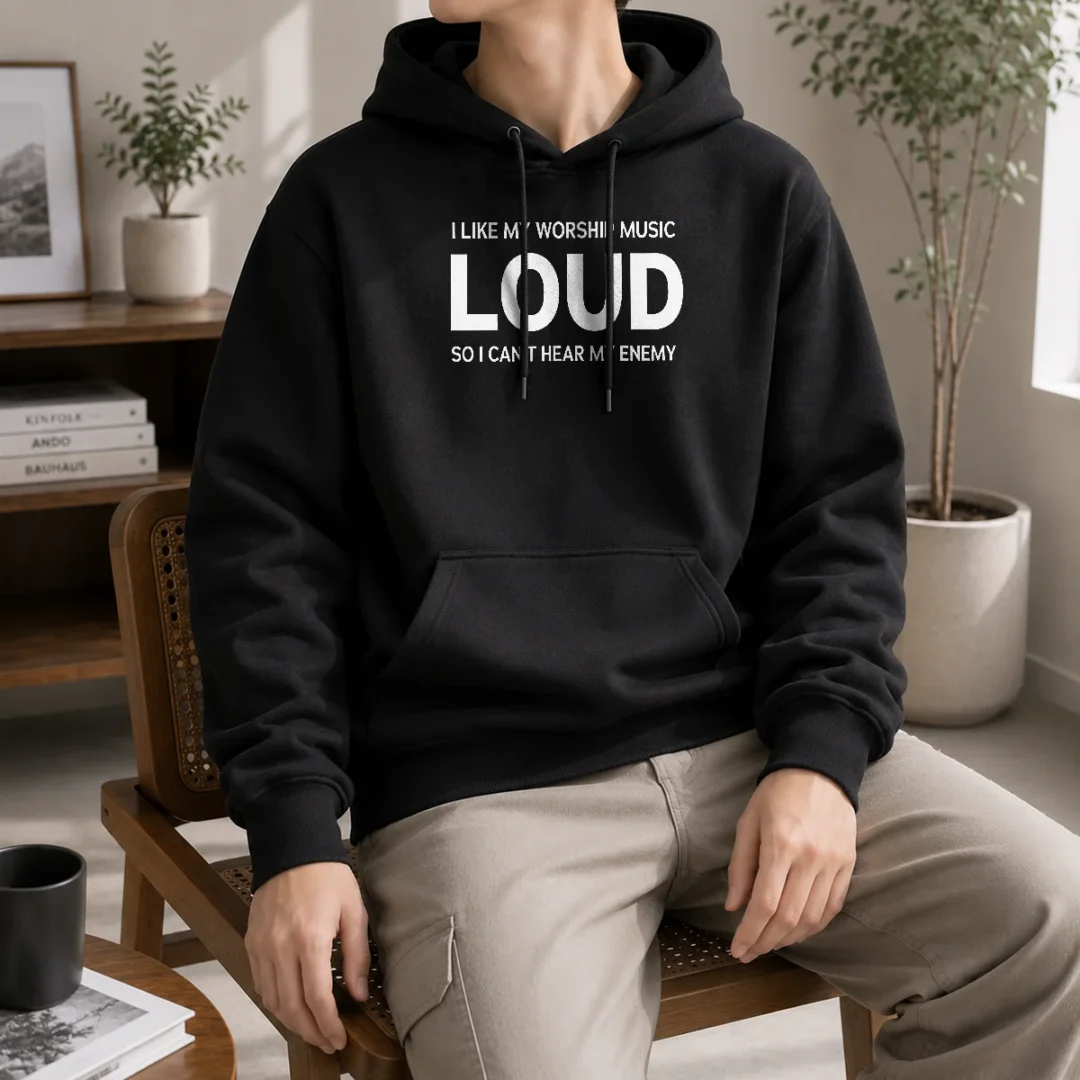 premium-i-like-my-worship-music-loud-so-i-can-t-hear-my-enemy-hoodie Premium I Like My Worship Music Loud So I Can'T Hear My Enemy Hoodie in dark color with front graphic design