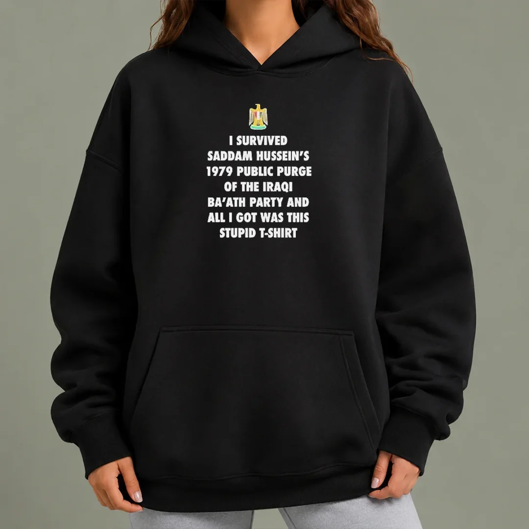premium-i-survived-saddam-hussein-s-1979-public-purge-of-the-iraqi-ba-ath-party-hoodie Premium I Survived Saddam Hussein'S 1979 Public Purge Of The Iraqi Ba'Ath Party Hoodie front view in black