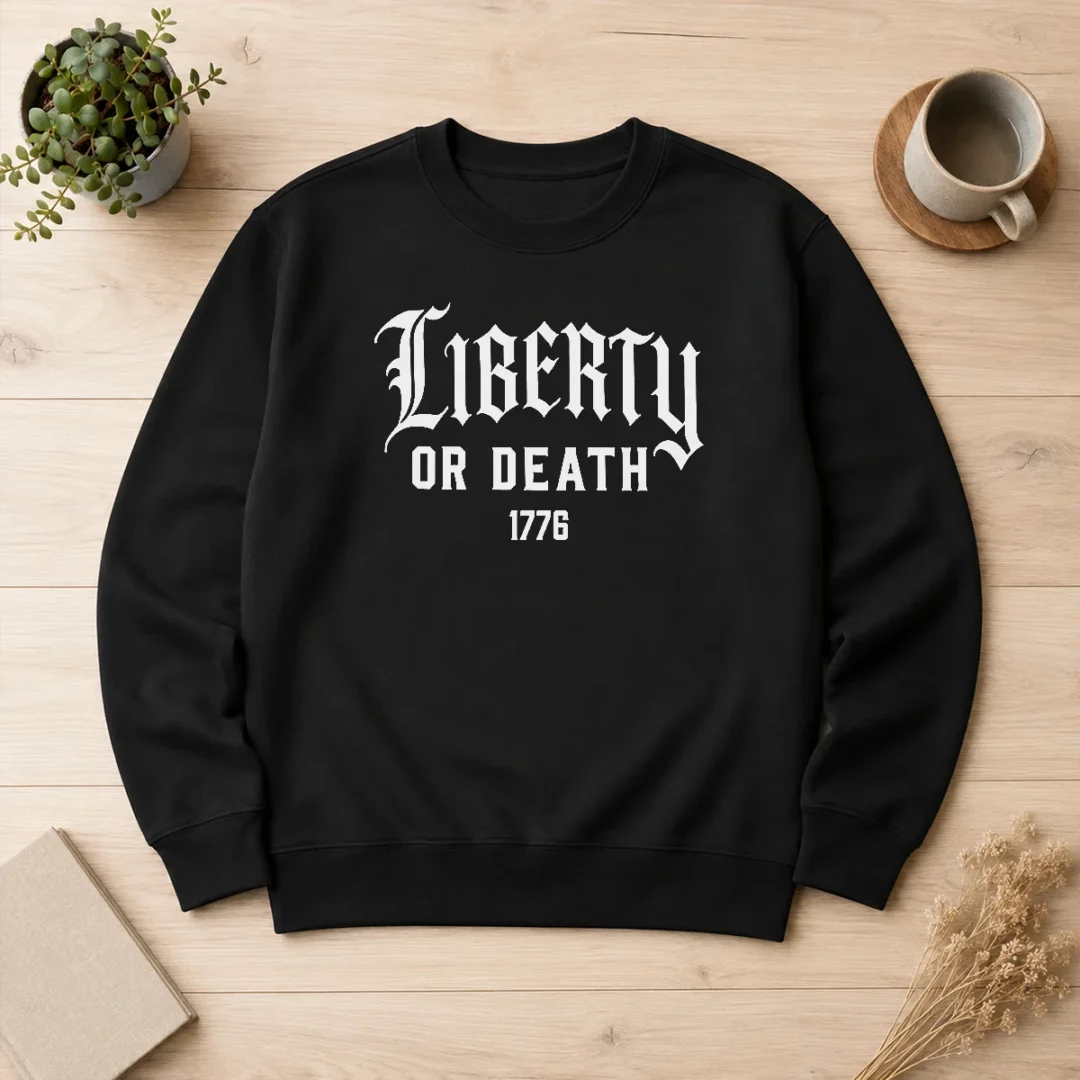 premium-liberty-or-death-1776-patriotic-quote-sweater Premium Liberty Or Death 1776 Patriotic Quote Sweater in navy blue with bold white text and patriotic design