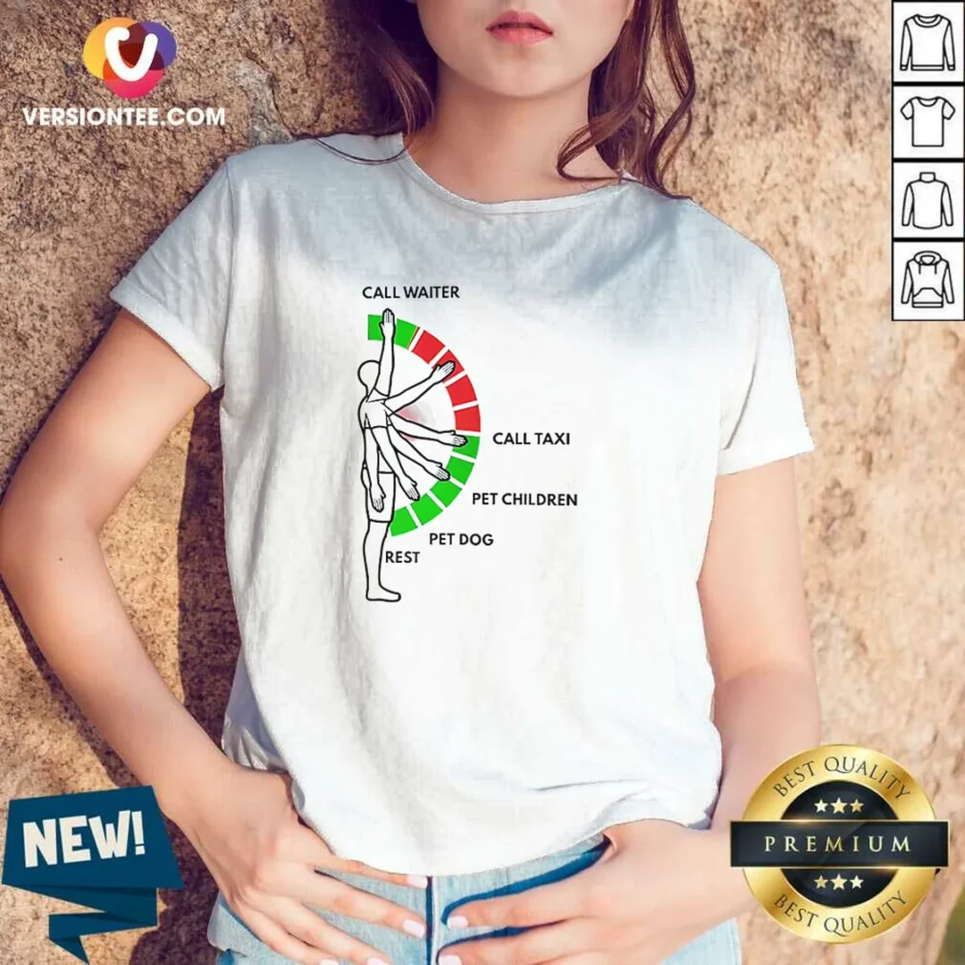 premium-man-arm-positions-call-waiter-call-taxi-pet-children-pet-dog-rest-v-neck-shirt Premium Man Arm Positions Call Waiter Call Taxi Pet Children Pet Dog Rest V Neck Shirt showing detailed front view on soft fabric