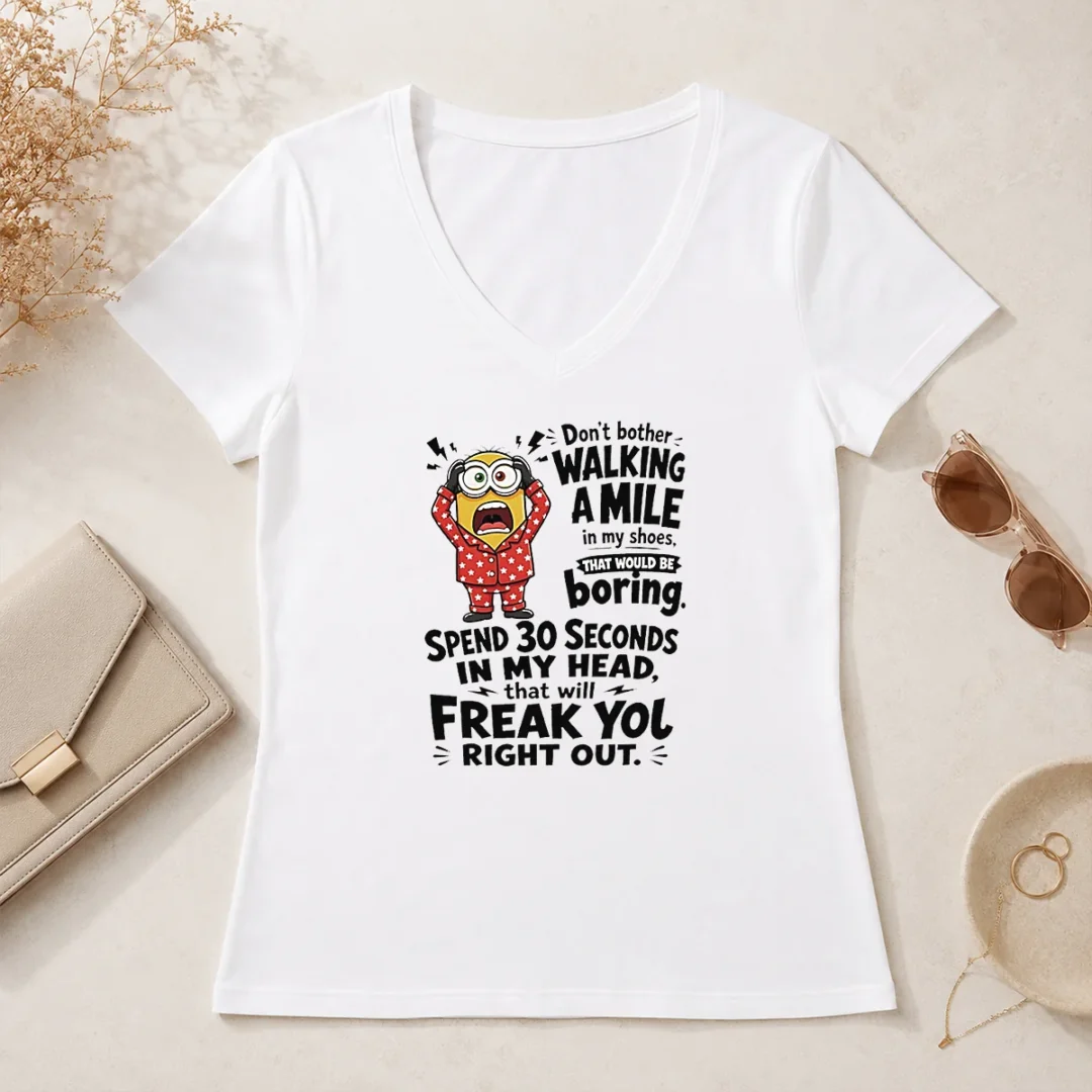 Premium Minion Dont Bother Walking A Mile In My Shoes That Would Be Boring Spend 30 Seconds In My V Neck Shirt Premium Minion Dont Bother Walking A Mile In My Shoes That Would Be Boring Spend 30 Seconds In My V Neck Shirt in dark color showing front design