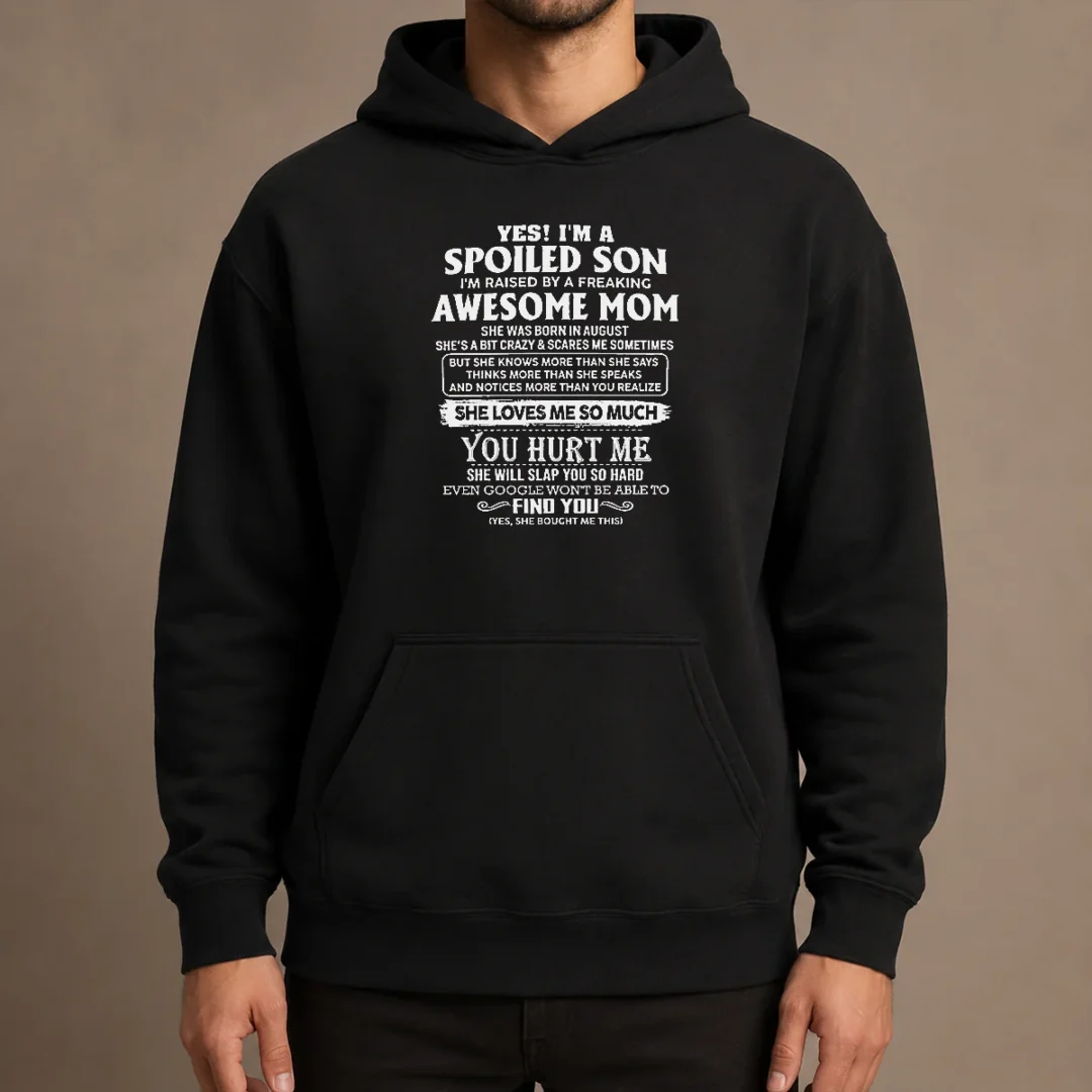 premium-officials-yes-im-a-spoiled-son-im-raised-by-a-freaking-awesome-mom-she-was-born-in-august-hoodie Premium Officials Yes Im A Spoiled Son Im Raised By A Freaking Awesome Mom She Was Born In August Hoodie in charcoal gray, front view with printed text design