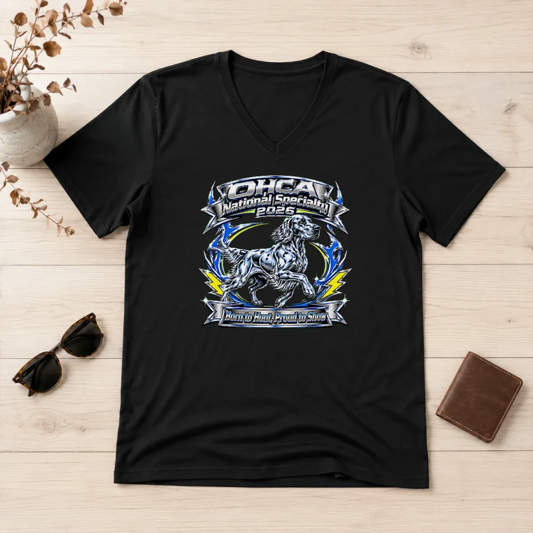 premium-ohca-national-specialty-2026-hunting-dog-pride-retro-v-neck-shirt Premium OHCA National Specialty 2026 Hunting Dog Pride Retro V Neck Shirt in charcoal gray with vintage hunting dog graphic