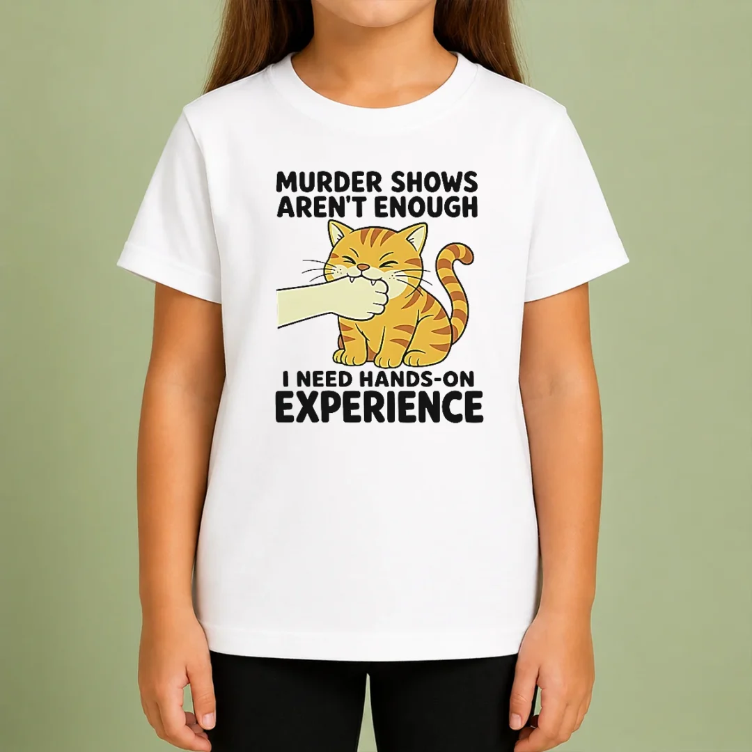 premium-original-murder-shows-aren-t-enough-i-need-hands-on-experience-orange-cat-biting-hand-kids-t-shirt Premium Original Murder Shows Aren'T Enough I Need Hands On Experience Orange Cat Biting Hand Kids T-Shirt