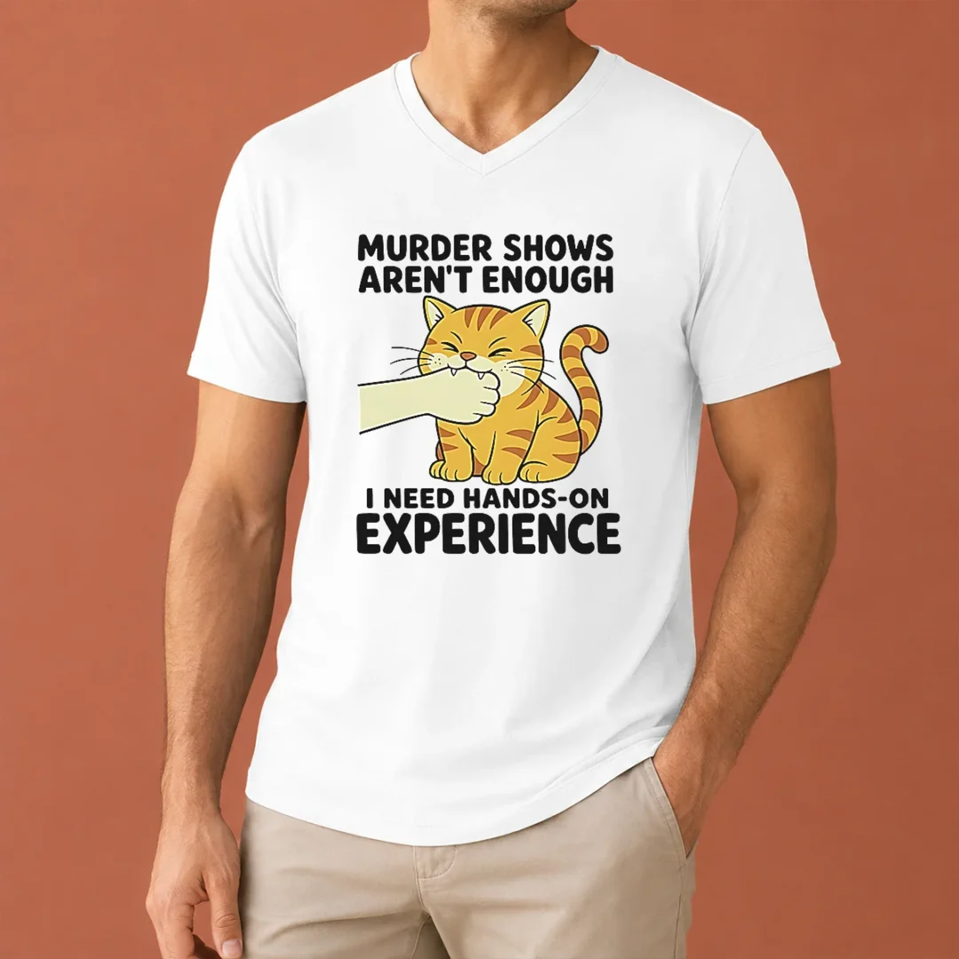 premium-original-murder-shows-aren-t-enough-i-need-hands-on-experience-orange-cat-biting-hand-v-neck-shirt Premium Original Murder Shows Aren'T Enough I Need Hands On Experience Orange Cat Biting Hand V-Neck Shirt