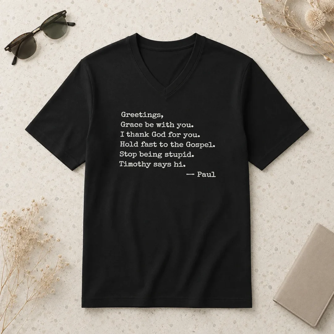 premium-paul-greetings-grace-be-with-you-i-thank-god-for-you-v-neck-shirt Premium Paul Greetings Grace Be With You I Thank God For You V Neck Shirt in dark color, showing front graphic and V neckline