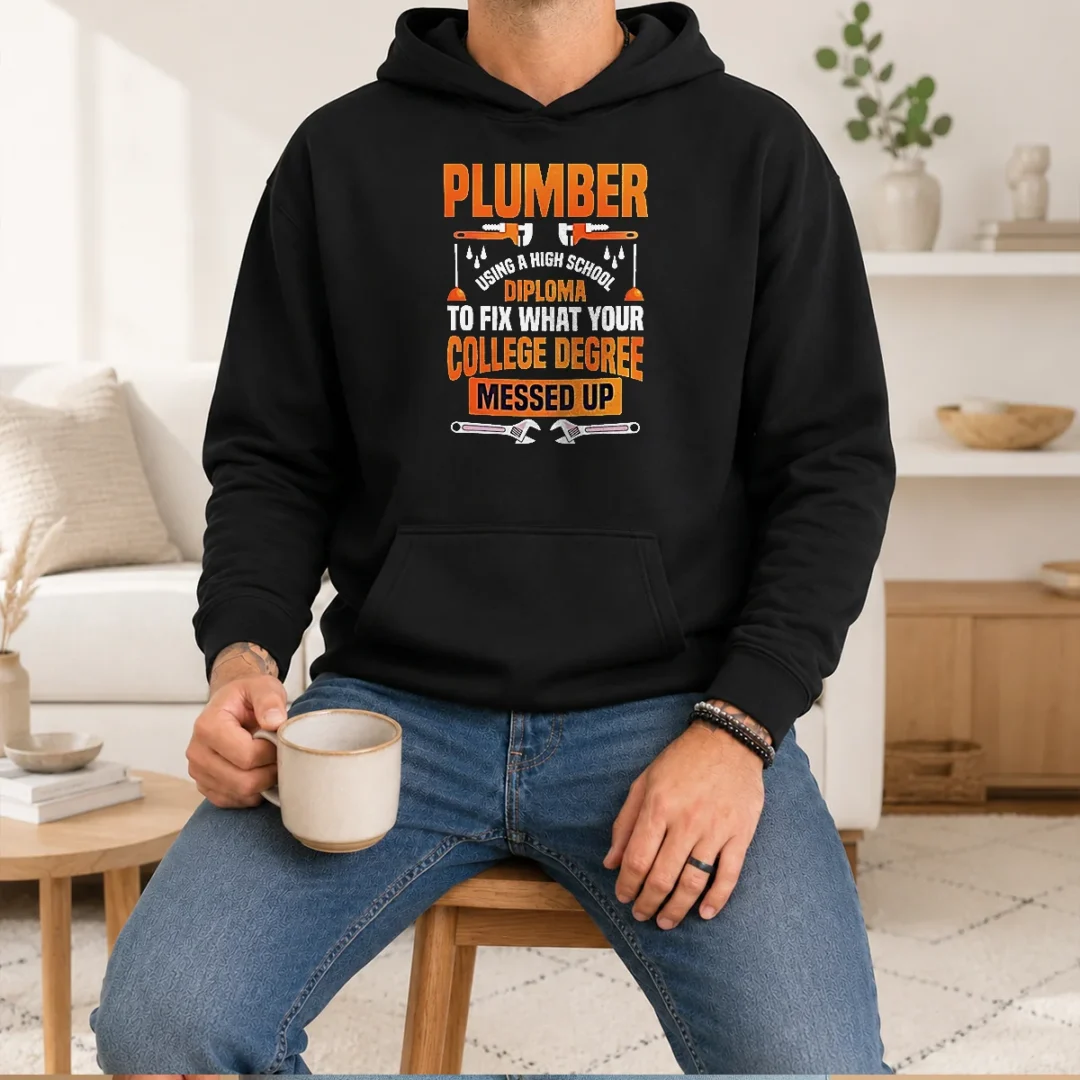 premium-plumber-high-school-diploma-college-degree-messed-up-hoodie Premium Plumber High School Diploma College Degree Messed Up Hoodie in dark color, front view with kangaroo pocket and drawstring hood
