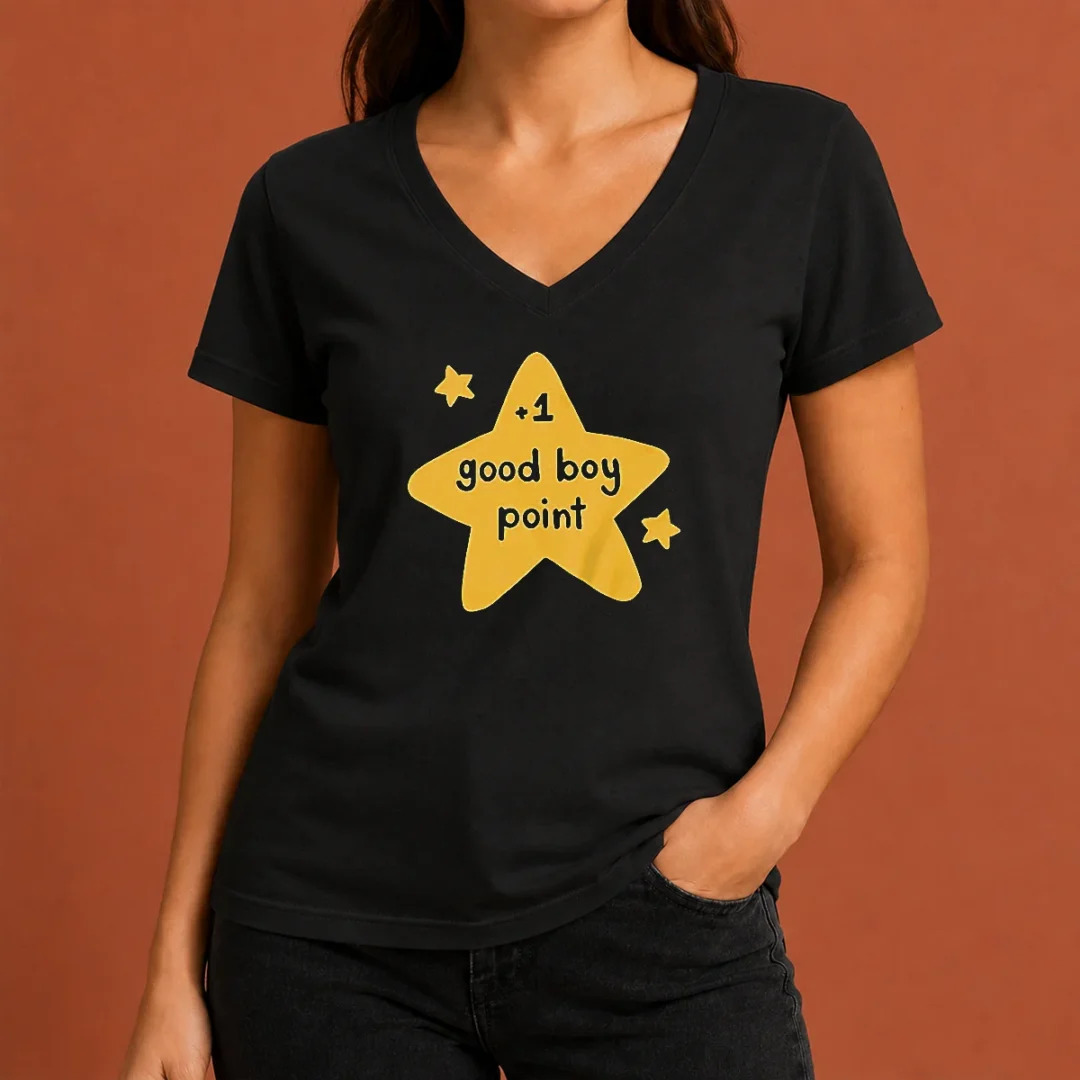 premium-plus-1-good-boy-point-star-reward-positive-reinforcement-v-neck-shirt Premium Plus 1 Good Boy Point Star Reward Positive Reinforcement V Neck Shirt in dark fabric showing front design