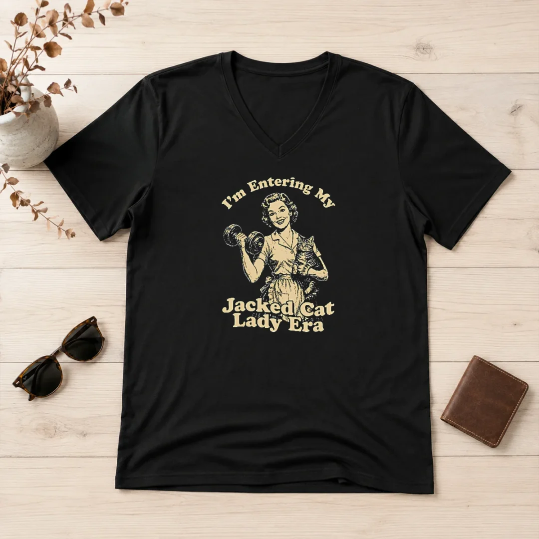 premium-retro-jacked-cat-lady-v-neck Premium Retro Jacked Cat Lady V Neck Shirt in soft fabric with vintage cat graphic and comfortable fit