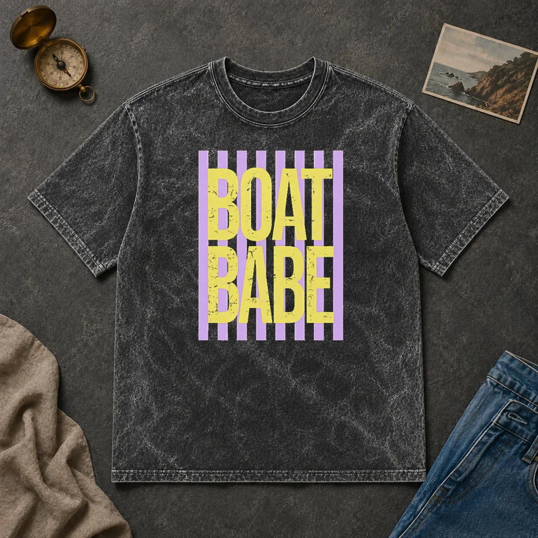 Premium Retro Stripes Sunshine Boat Babe Washed T Shirt Premium Retro Stripes Sunshine Boat Babe washed t shirt showing vintage striped design on soft fabric
