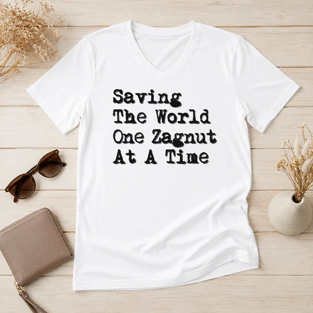 premium-saving-the-world-one-zagnut-at-a-time-v-neck-shirt Premium Saving The World One Zagnut At A Time V Neck Shirt in charcoal gray with bold white text