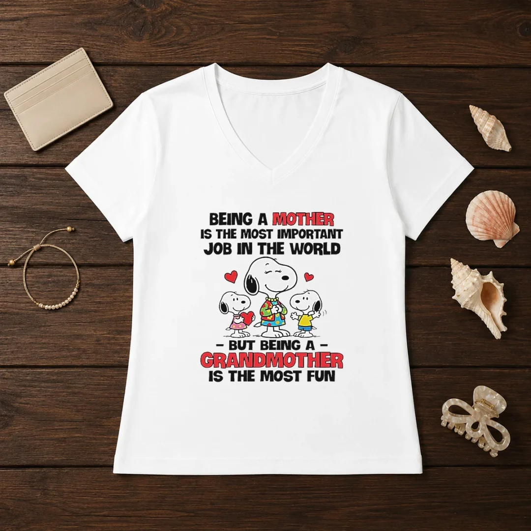 premium-snoopy-peanuts-being-a-mother-is-the-most-important-job-but-being-a-grandmother-v-neck-shirt Premium Snoopy Peanuts Being A Mother Is The Most Important Job But Being A Grandmother V Neck Shirt on a soft fabric V neck tee