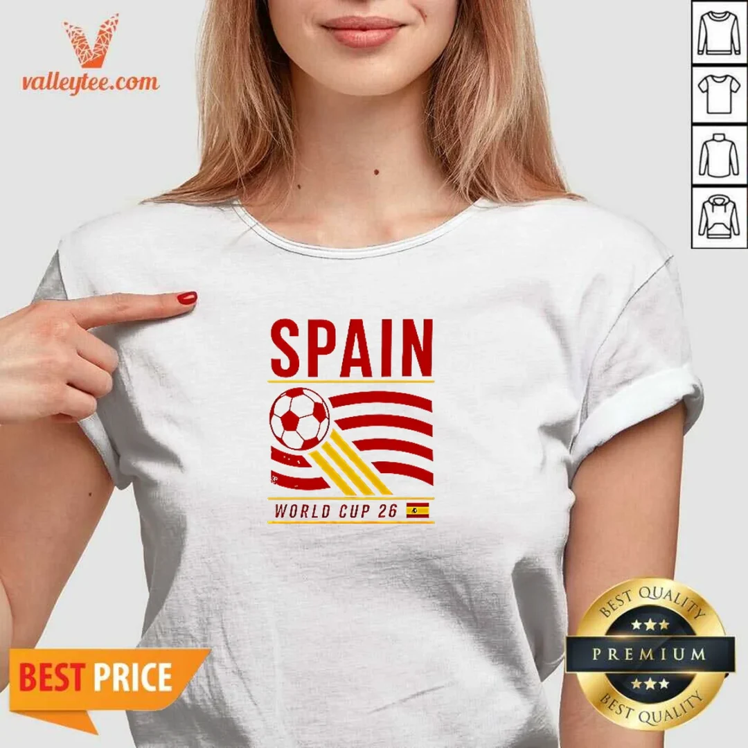 premium-spain-national-football-team-world-cup-26-soccer-team-v-neck-shirt Premium Spain National Football Team World Cup 26 Soccer Team V Neck Shirt in red with team emblem