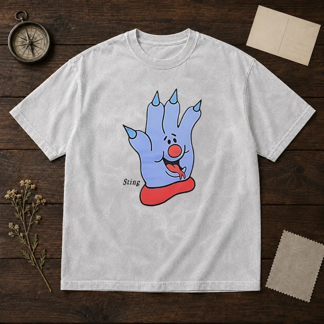 premium-sting-blue-cartoon-hand-character-mascot-washed-t-shirt Premium Sting Blue Cartoon Hand Character Mascot printed on a soft washed t shirt in blue