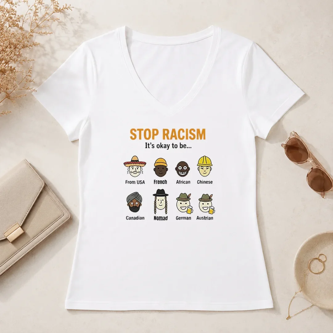 Premium Stop Racism It'S Okay To Be From USA French African Chinese Canadian Nomad German Austrian V Neck Shirt Premium Stop Racism It'S Okay To Be From USA French African Chinese Canadian Nomad German Austrian V Neck Shirt in black, front view