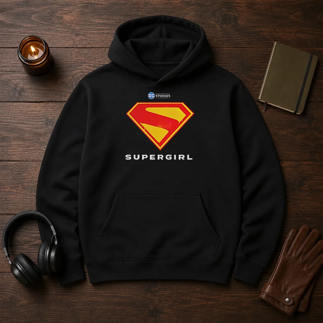 premium-supergirl-dc-studios-logo-hoodie Premium Supergirl DC Studios Logo Hoodie in black with front logo print, unisex fit