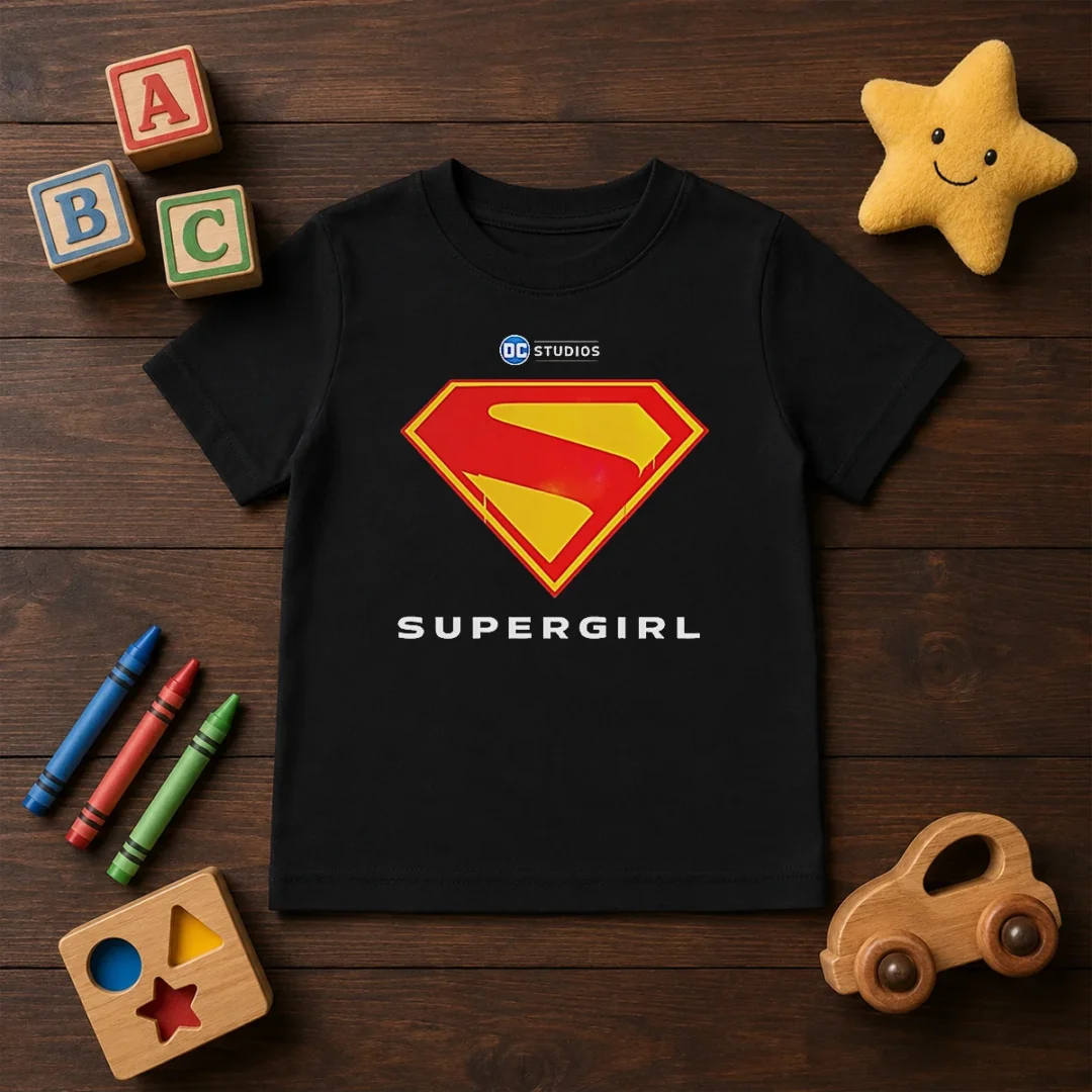 premium-supergirl-dc-studios-logo-kids-t-shirt Premium Supergirl DC Studios Logo Kids T Shirt featuring vibrant colors and comfortable fit for children