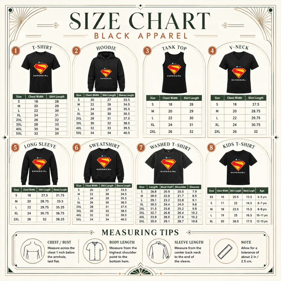 premium-supergirl-dc-studios-logo-size-chart Size chart for Premium Supergirl DC Studios Logo with measurements in inches and cm