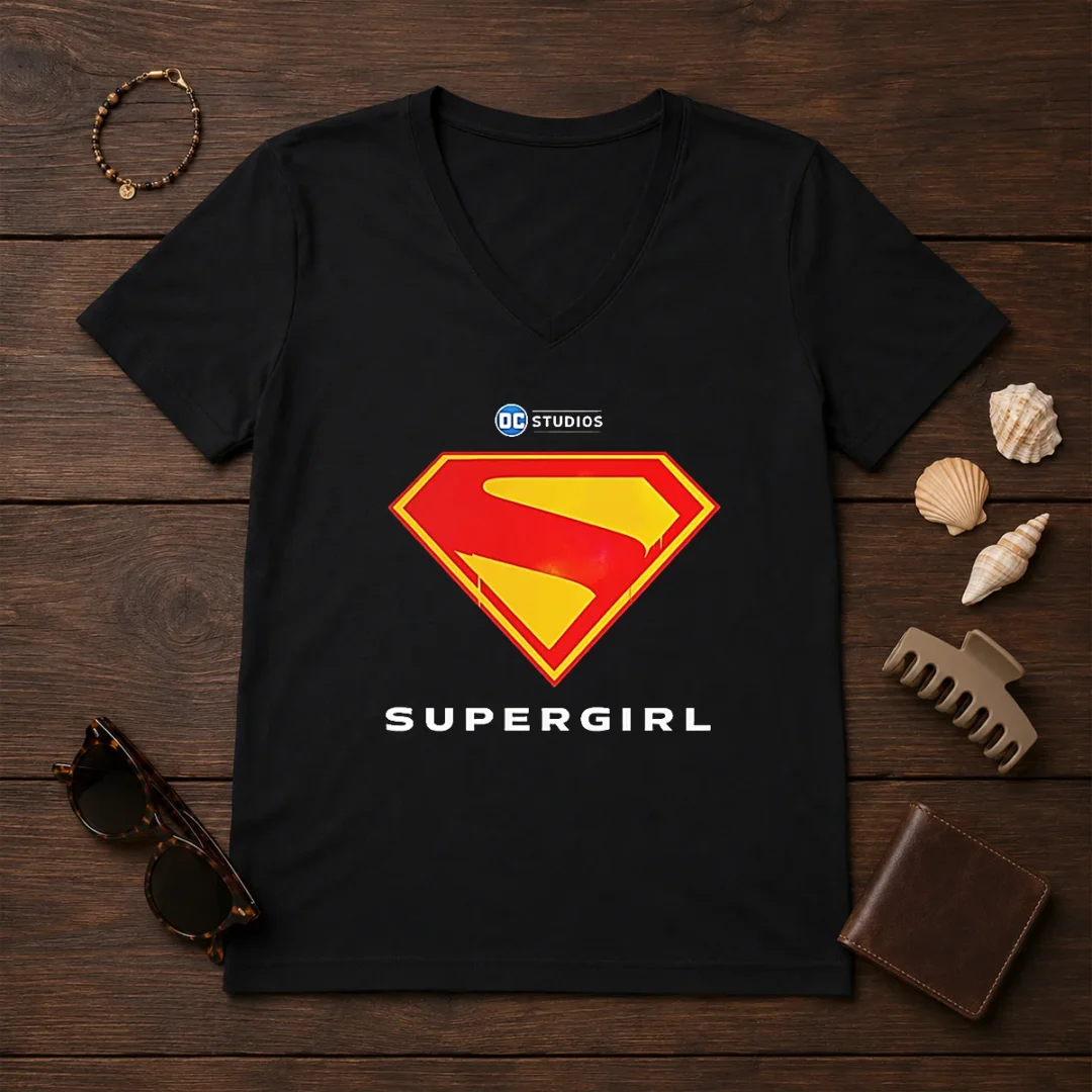 premium-supergirl-dc-studios-logo-v-neck Premium Supergirl DC Studios Logo V Neck Shirt showing front design on a soft fabric V neck tee