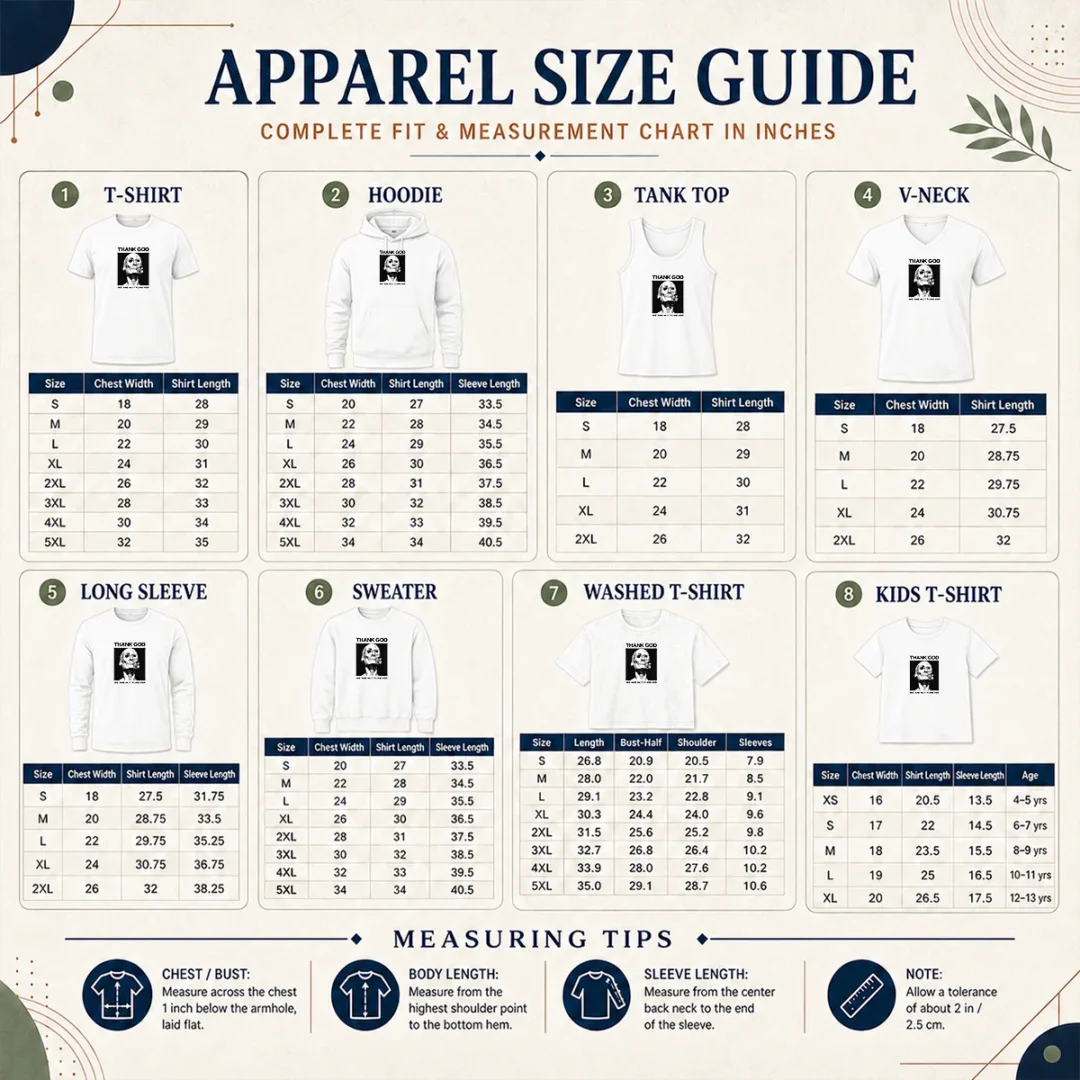 Premium Thank God We Are Not Forever Skull Art Memento Mori Size Chart Size chart for Premium Thank God We Are Not Forever Skull Art Memento Mori with measurements in inches and cm