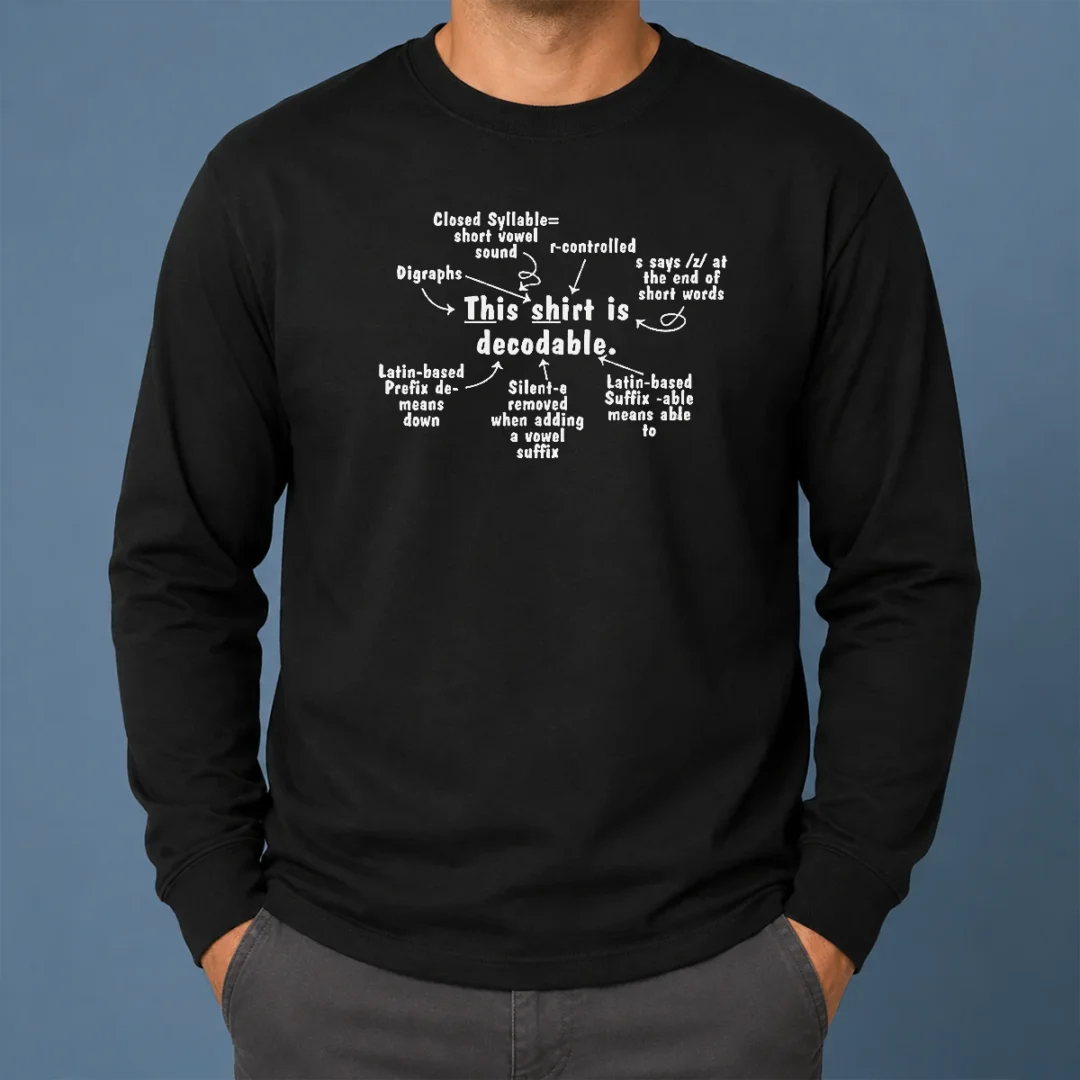 Premium This Shirt Is Decodable Educational Linguistics Chart Long Sleeve Shirt Premium This Shirt Is Decodable Educational Linguistics Chart long sleeve shirt in white with colorful educational print